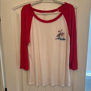 ModCloth Women’s Valentines Lightweight Shark Red & White Raglan 3/4 Sleeve Tee